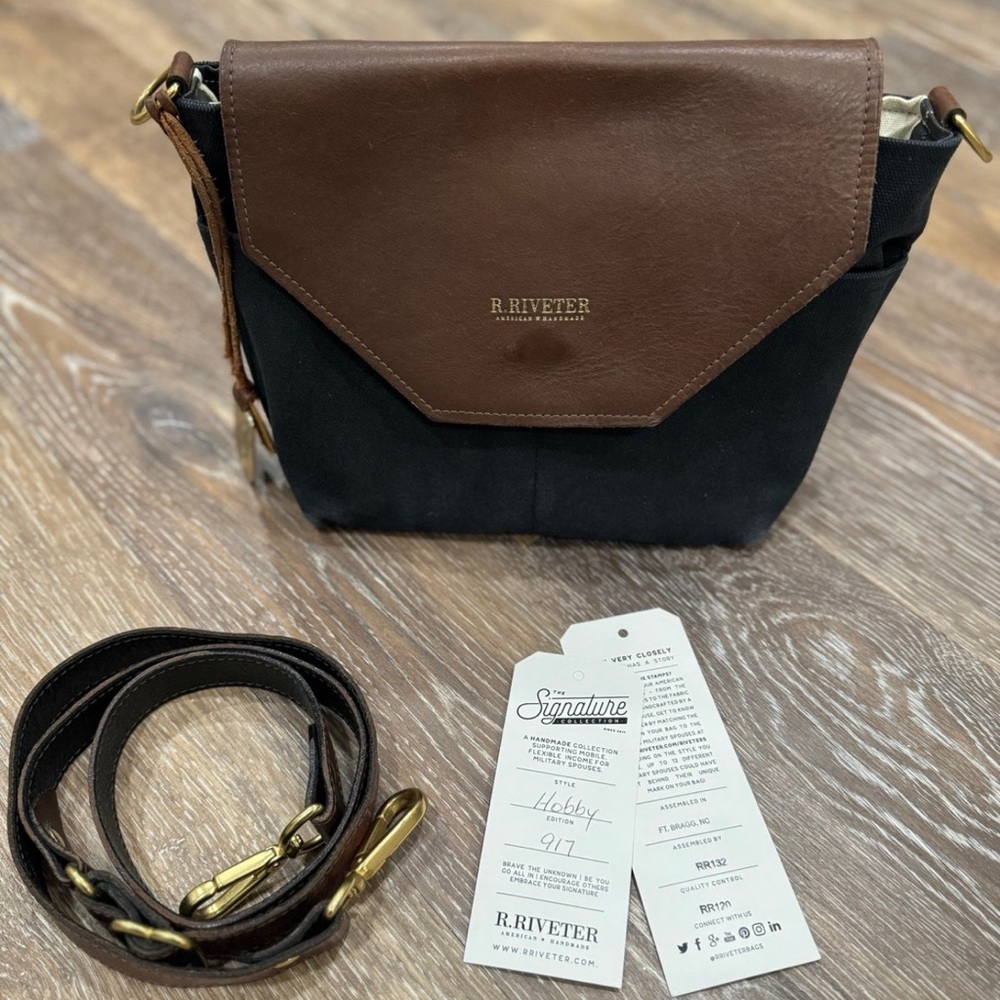 R. RIVETER HOBBY | SIGNATURE BLACK CANVAS + BROWN LEATHER HANDBAG